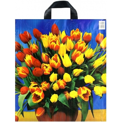 Taška igelitová s potiskem váza s tulipány 43x48cm kytice s páskovým uchem